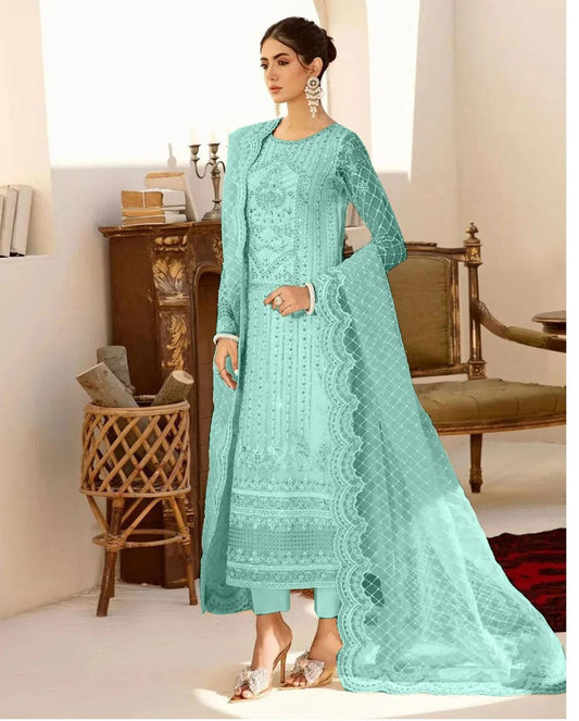 Akbar Aslam - Sky Blue Organza & Chiffon Collection 3 Piece Unstitched