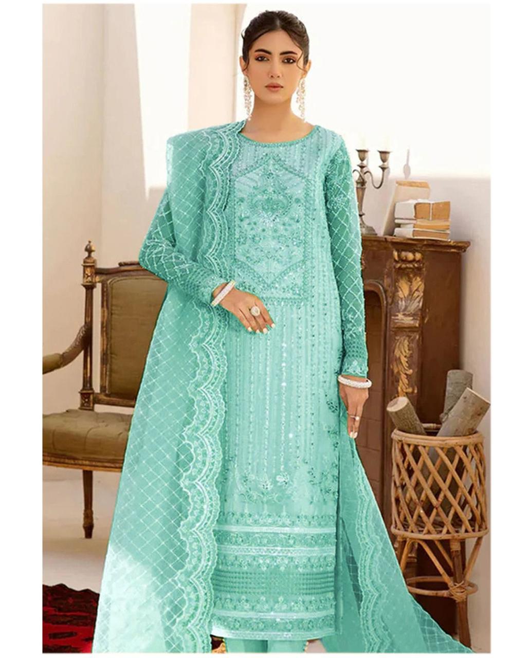 Akbar Aslam - Sky Blue Organza & Chiffon Collection 3 Piece Unstitched