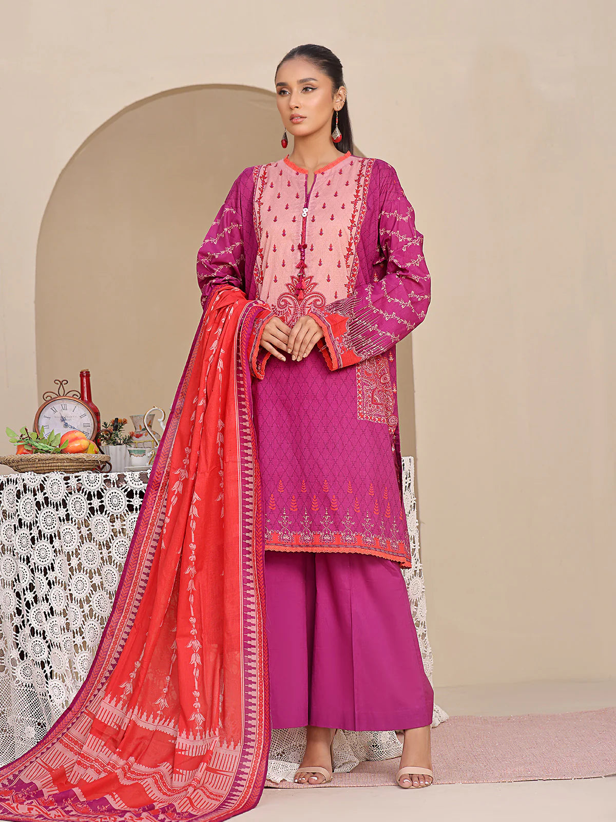 3Pc Printed Unstitched Lawn Magenta - OL3P-6208-A-1